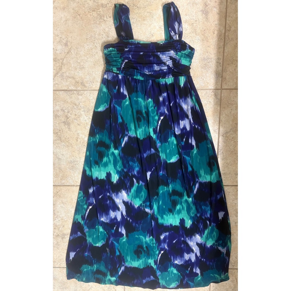 AB Studio Blue Teal Floral Maxi Dress Ruched Sleeveless Jersey XL